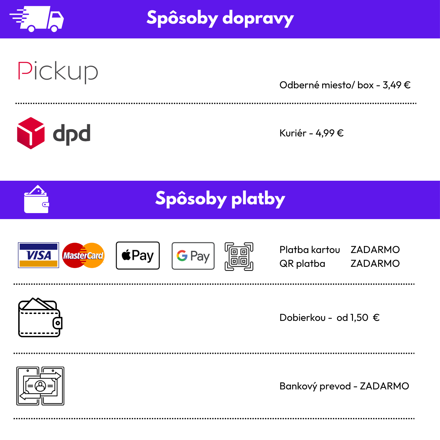 sposoby platby a dobravy DPD, bez  osobneho odberu 